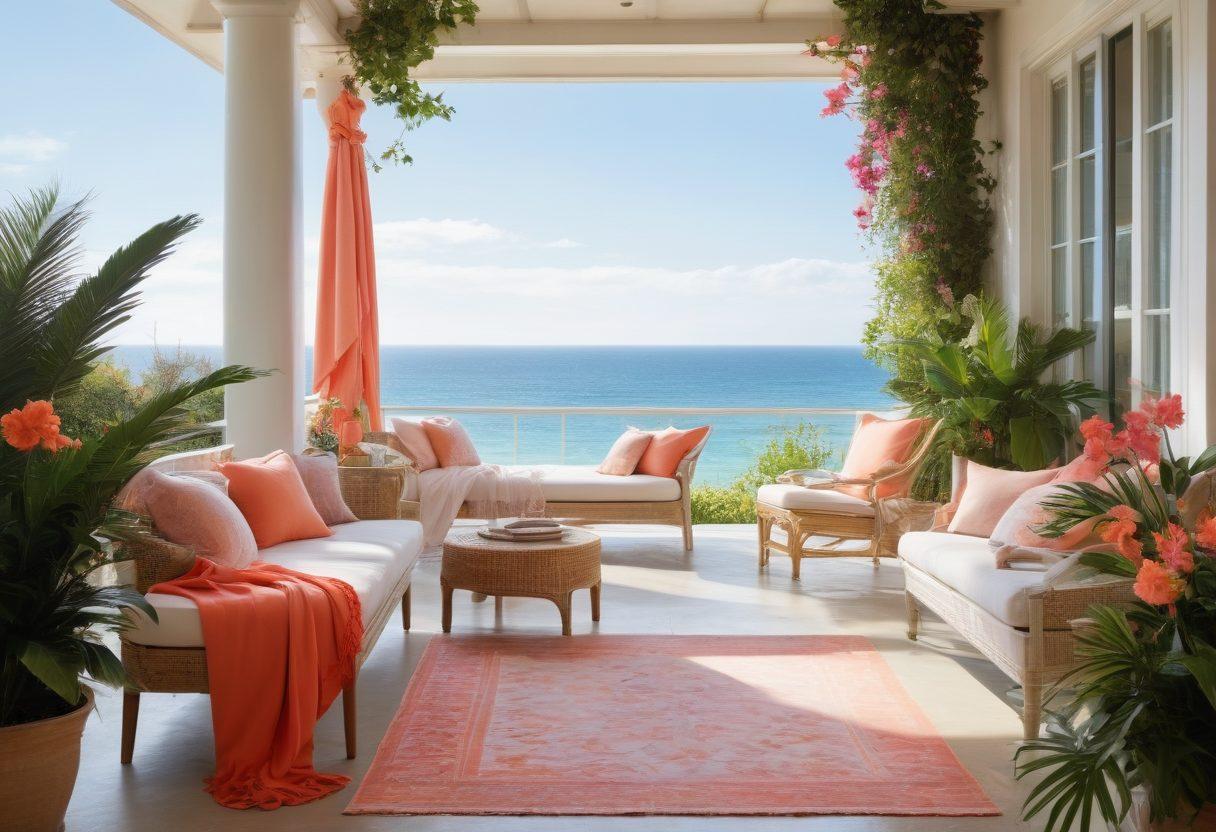 A delicate summer scene featuring a beautifully arranged assortment of sensual clothing and intimate apparel displayed on a sunlit patio. Include airy fabrics, vibrant colors like coral and lavender, and soft textures with flowers and tropical plants in the background. Add a hint of ocean waves in the distance to evoke a breezy beach atmosphere. The overall mood is inviting and warm, encouraging relaxation and comfort. vibrant colors. soft focus. summer aesthetic.
